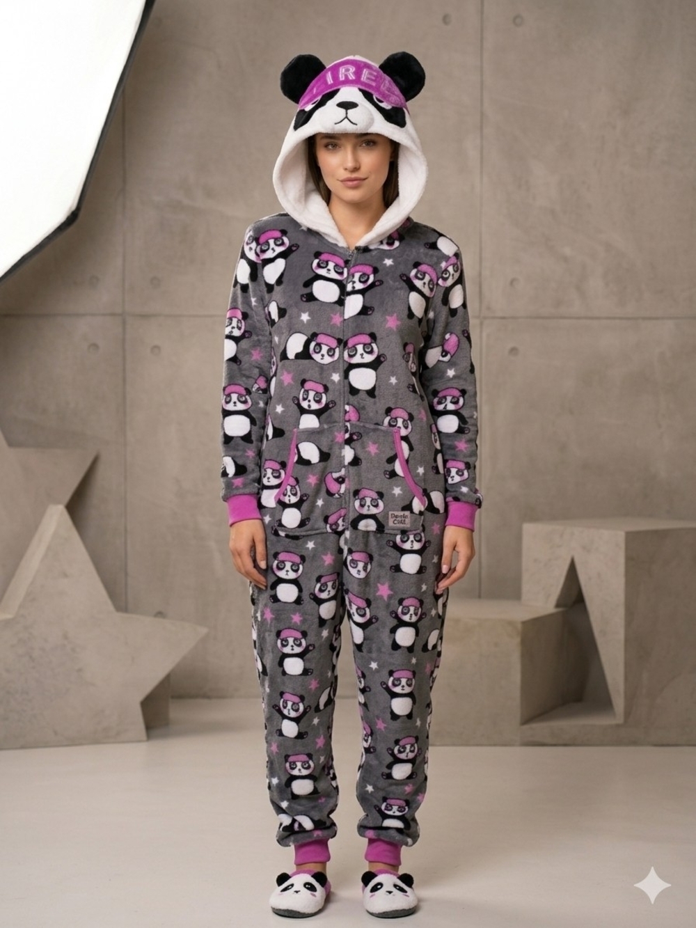 Holiday Time "Tired" Panda Fleece Onesie with Hood - Woman's Size XS (0-2)
